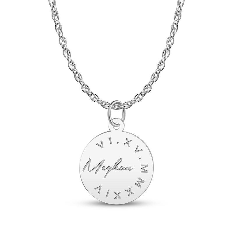 Main Image 1 of Name & Roman Numeral Date Disc Necklace 14K White Gold 18"