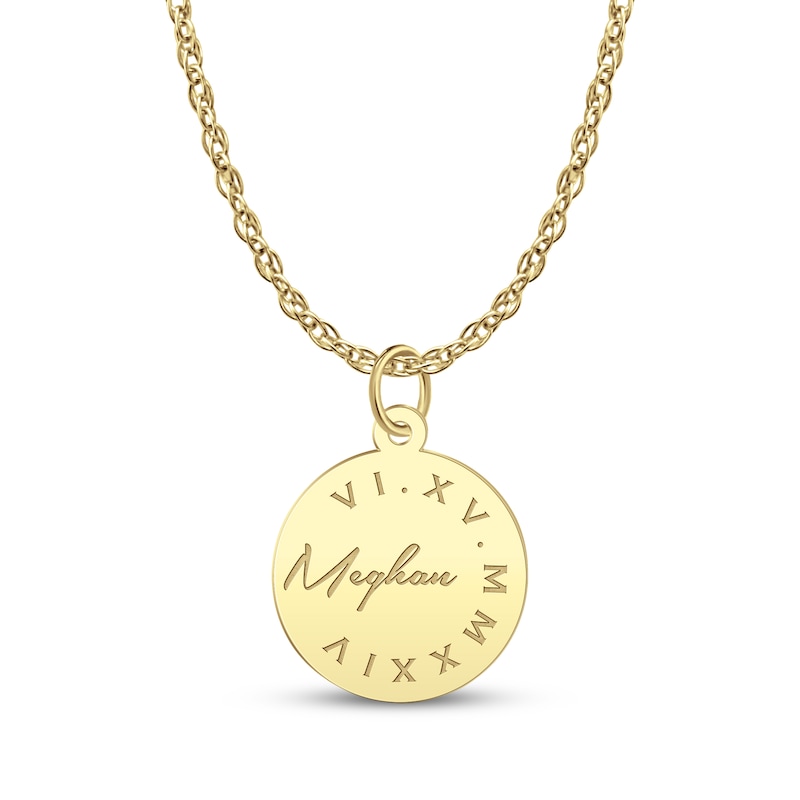 Main Image 1 of Name & Roman Numeral Date Disc Necklace 14K Yellow Gold 18"