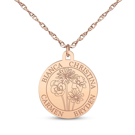Family Name & Birth Flower Circle Necklace 14K Rose Gold 18"