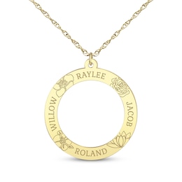 Family Name & Birth Flower Open Circle Necklace 10K Yellow Gold 18"