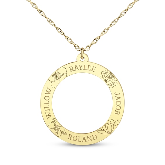 Family Name & Birth Flower Open Circle Necklace 10K Yellow Gold 18"
