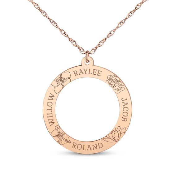 Family Name & Birth Flower Open Circle Necklace 14K Rose Gold 18"