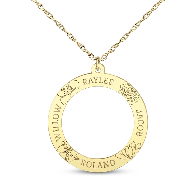 Main Image 1 of Family Name & Birth Flower Open Circle Necklace 14K Yellow Gold 18"