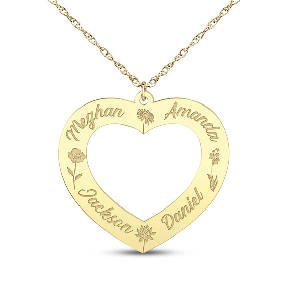 Family Name & Birth Flower Heart Necklace 10K Yellow Gold 18"