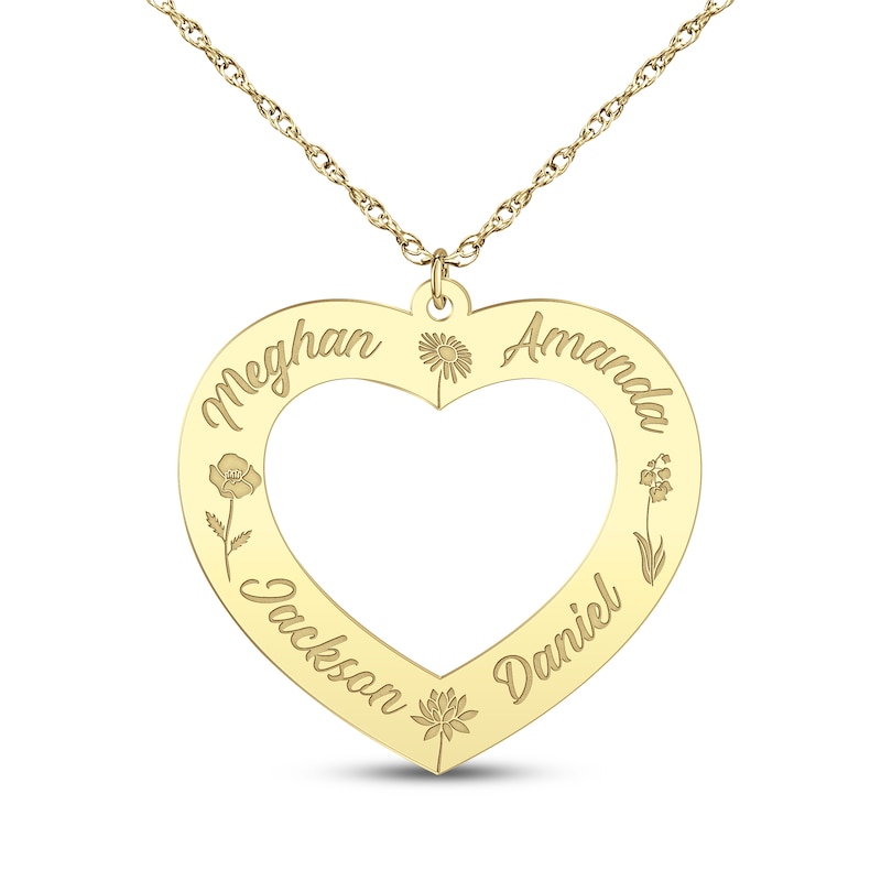 Main Image 1 of Family Name & Birth Flower Heart Necklace 10K Yellow Gold 18"
