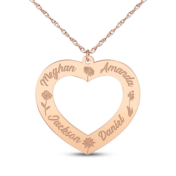 Family Name & Birth Flower Heart Necklace 14K Rose Gold 18"
