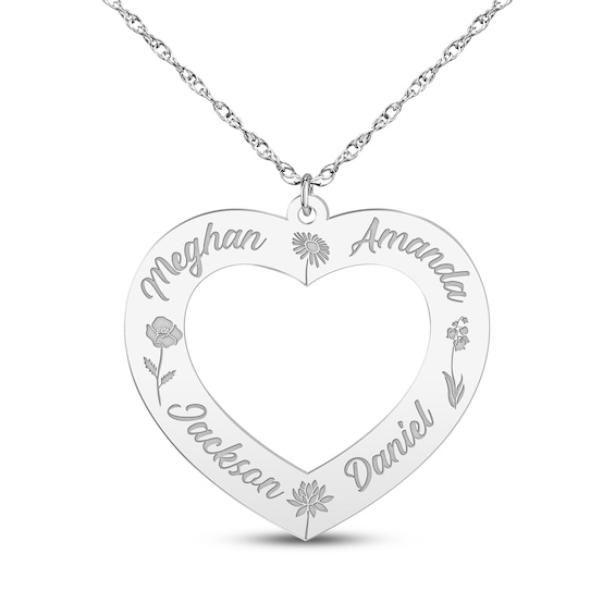 Family Name & Birth Flower Heart Necklace 14K White Gold 18"