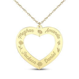 Family Name & Birth Flower Heart Necklace 14K Yellow Gold 18"