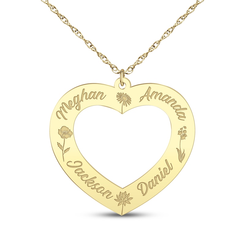 Main Image 1 of Family Name & Birth Flower Heart Necklace 14K Yellow Gold 18"