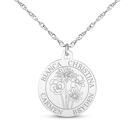 Family Name & Birth Flower Circle Necklace Sterling Silver 18"