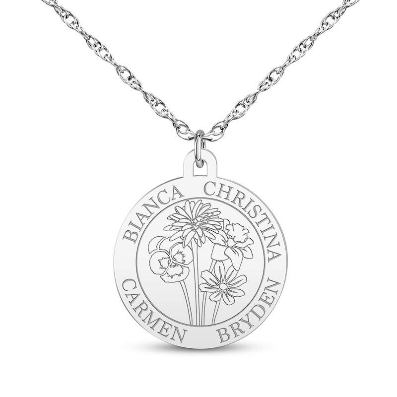 Main Image 1 of Family Name & Birth Flower Circle Necklace Sterling Silver 18"
