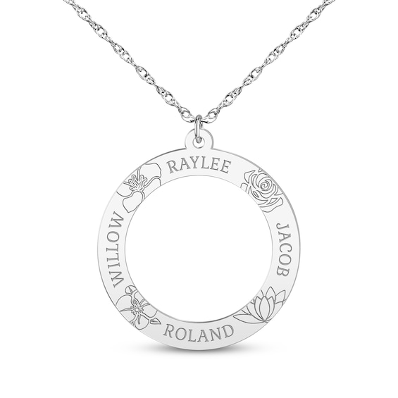 Family Name & Birth Flower Open Circle Necklace Sterling Silver 18"