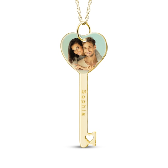 Engravable Heart-Shaped Key Photo Necklace 10K Yellow Gold-Plated Sterling Silver 18"