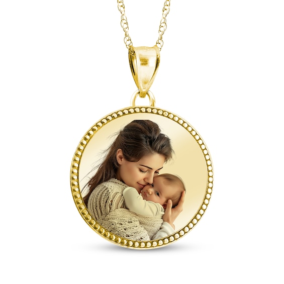 Beaded Edge Round Photo Disc Necklace 10K Yellow Gold-Plated Sterling Silver (3 Lines) 18"