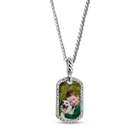 Pet Photo Textured Frame Dog Tag Necklace Sterling Silver 18"