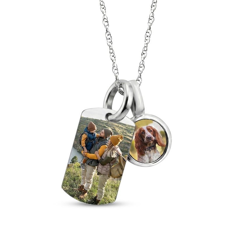 Main Image 1 of Double Pet Photo Dog Tag & Round Charm Necklace Sterling Silver 18"