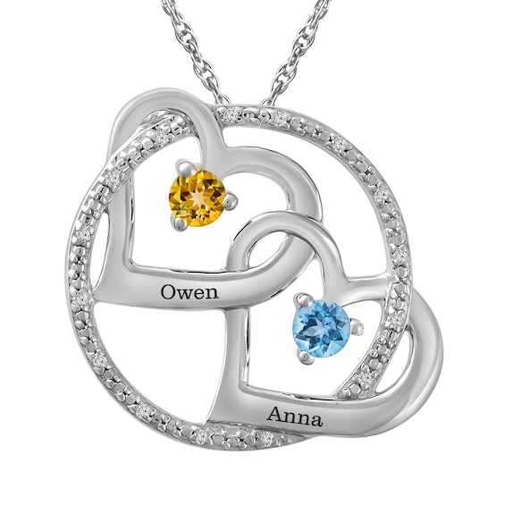 Couple's Birthstone Hearts Circle Pendant (2 Stones and Lines)