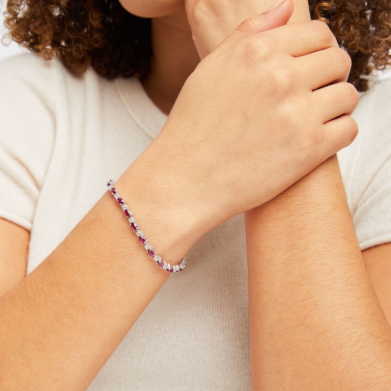 Lab-Created Ruby & White Lab-Created Sapphire Link Bracelet Sterling Silver 7.25"