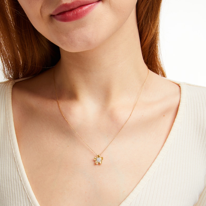 Main Image 2 of Diamond Plumeria Flower Necklace 1/10 ct tw 10K Yellow Gold 18&quot;