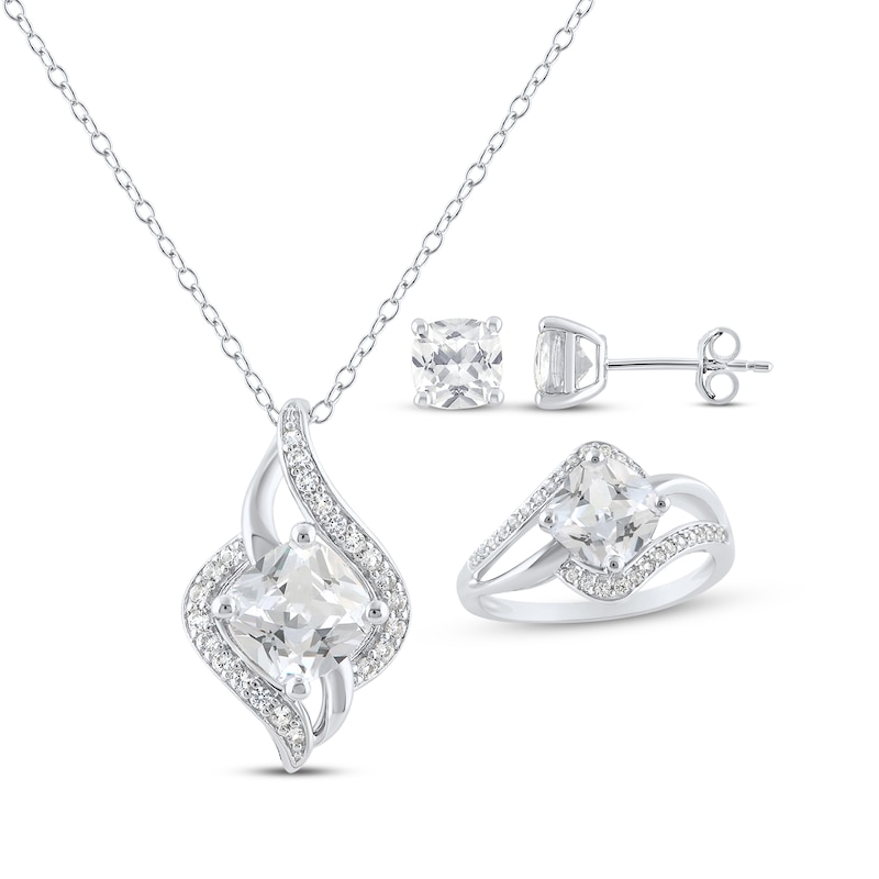 Main Image 1 of Cushion-Cut White Lab-Created Sapphire Gift Set Sterling Silver - Size 7
