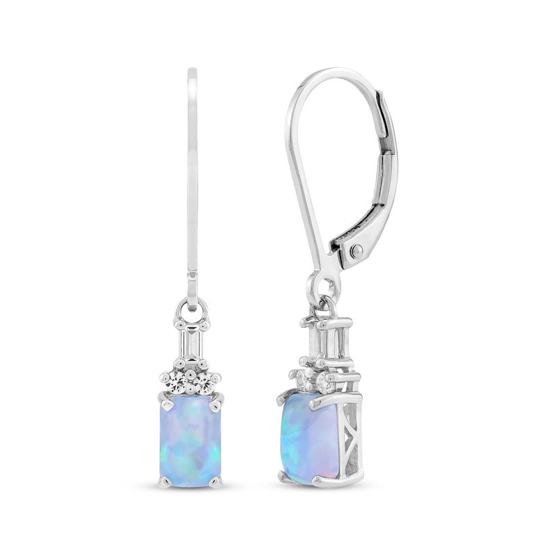 Main Image 1 of Emerald-Cut Blue Lab-Created Opal & White Lab-Created Sapphire Drop Earrings Sterling Silver