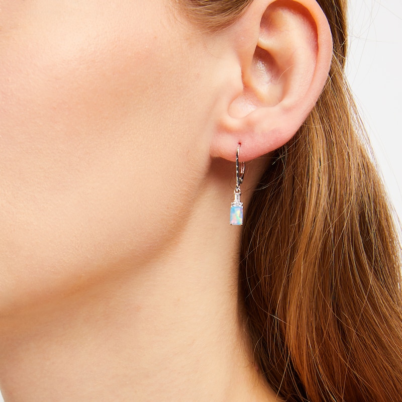 Main Image 3 of Emerald-Cut Blue Lab-Created Opal & White Lab-Created Sapphire Drop Earrings Sterling Silver