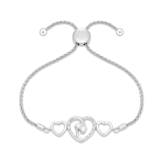 Diamond Two-Stone Three-Heart Bolo Bracelet 1/4 ct tw Sterling Silver