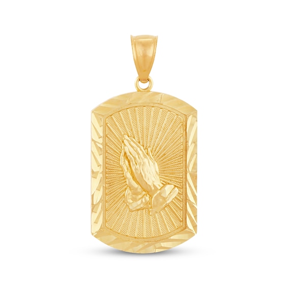 Diamond-Cut Praying Hands Dog Tag Charm 14K Yellow Gold