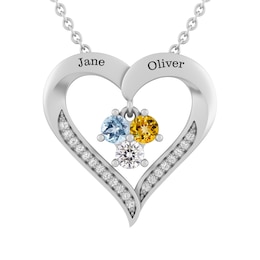 1/20 ct tw Diamond and Birthstone Family & Mother's Heart Necklace (3 Stones and 2 Lines)
