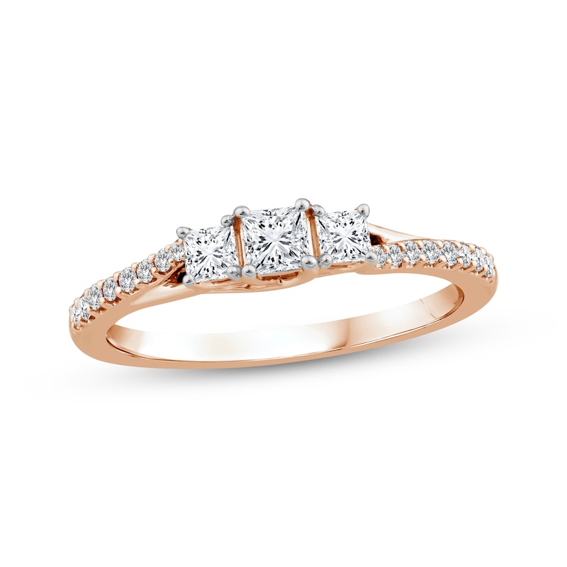 Main Image 1 of Memories Moments Magic Princess-Cut Diamond Three-Stone Engagement Ring 1/2 ct tw 14K Rose Gold