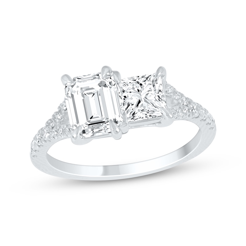 Main Image 1 of Toi et Moi Emerald & Princess-Cut Lab-Grown diamond Engagement Ring 2-1/6 ct tw 14K White Gold