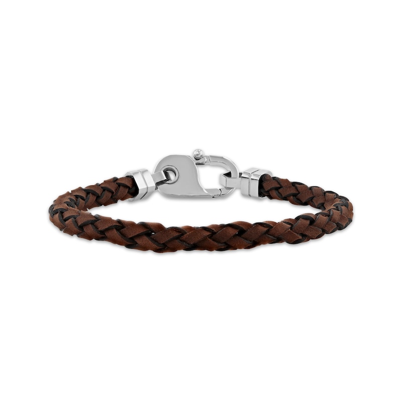 Main Image 1 of Men's Brown Braided Leather Bracelet Stainless Steel 8.5&quot;