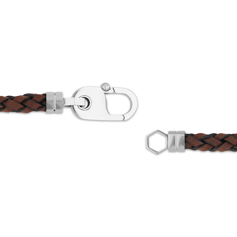 Main Image 3 of Men's Brown Braided Leather Bracelet Stainless Steel 8.5&quot;