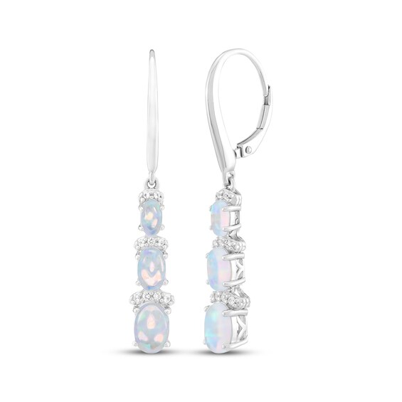 Oval-Cut Lab-Created Opal & White Lab-Created Sapphire Three-Stone Drop Earrings Sterling Silver