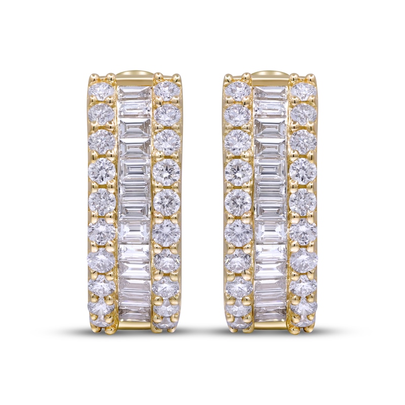 Main Image 2 of Baguette & Round-Cut Diamond Huggie Hoop Earrings 2 ct tw 14K Yellow Gold