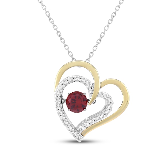 Lab-Created Ruby & White Lab-Created Sapphire Titled Double Heart Necklace Sterling Silver & 10K Yellow Gold 18"