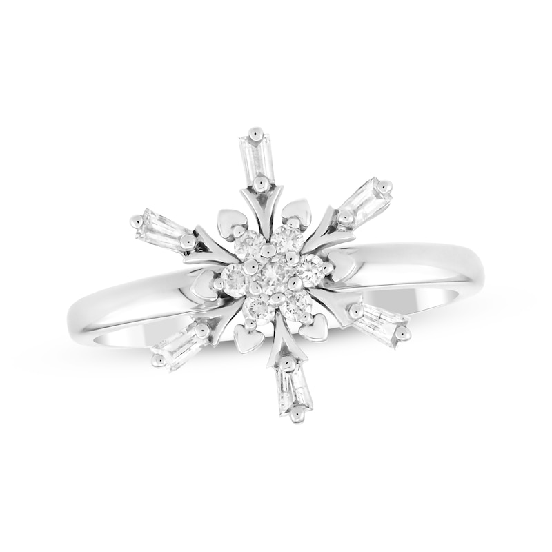 Main Image 1 of Baguette & Round-Cut Diamond Snowflake Fashion Ring 1/4 ct tw 10K White Gold