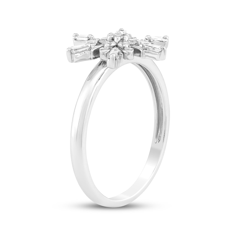 Main Image 2 of Baguette & Round-Cut Diamond Snowflake Fashion Ring 1/4 ct tw 10K White Gold