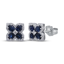 Oval-Cut Natural Blue Sapphire & Diamond Clover Stud Earrings 1/3 ct tw 10K White Gold
