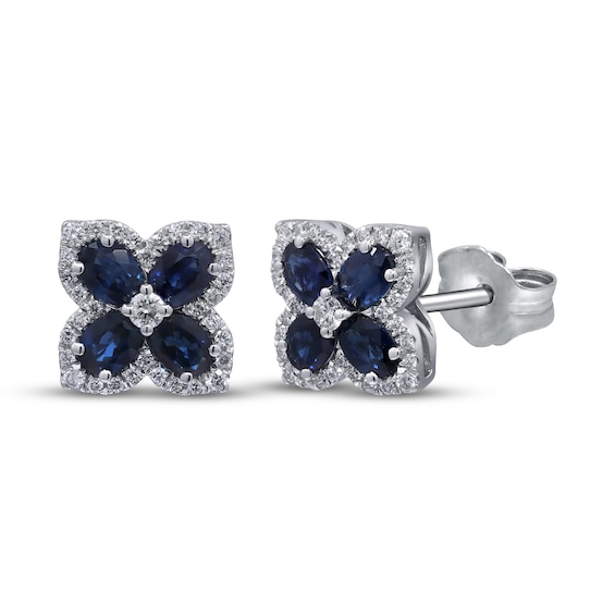 Oval-Cut Natural Blue Sapphire & Diamond Clover Stud Earrings 1/3 ct tw 10K White Gold