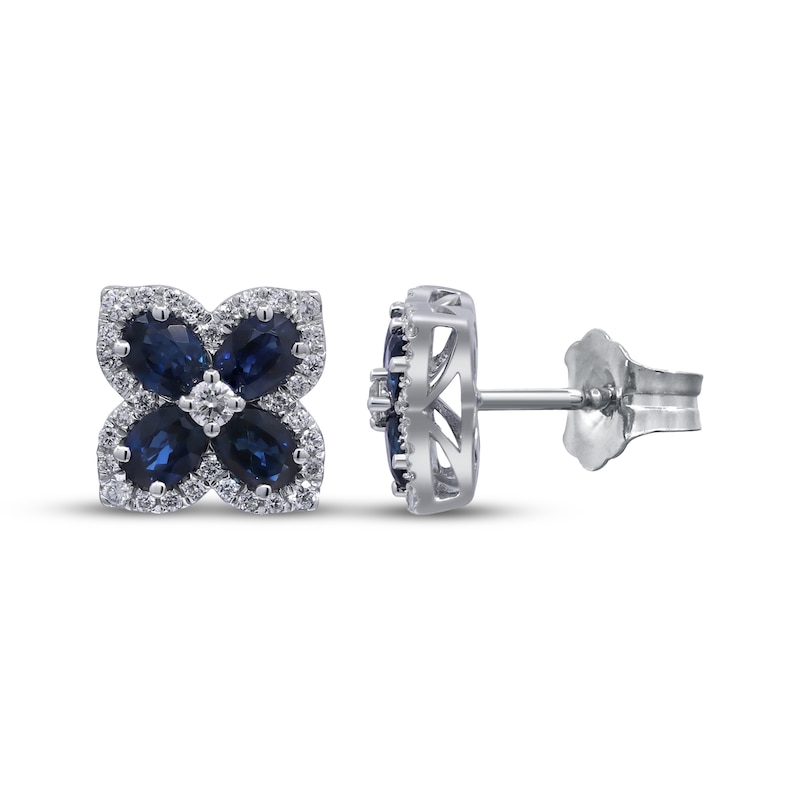 Main Image 3 of Oval-Cut Natural Blue Sapphire & Diamond Clover Stud Earrings 1/3 ct tw 10K White Gold