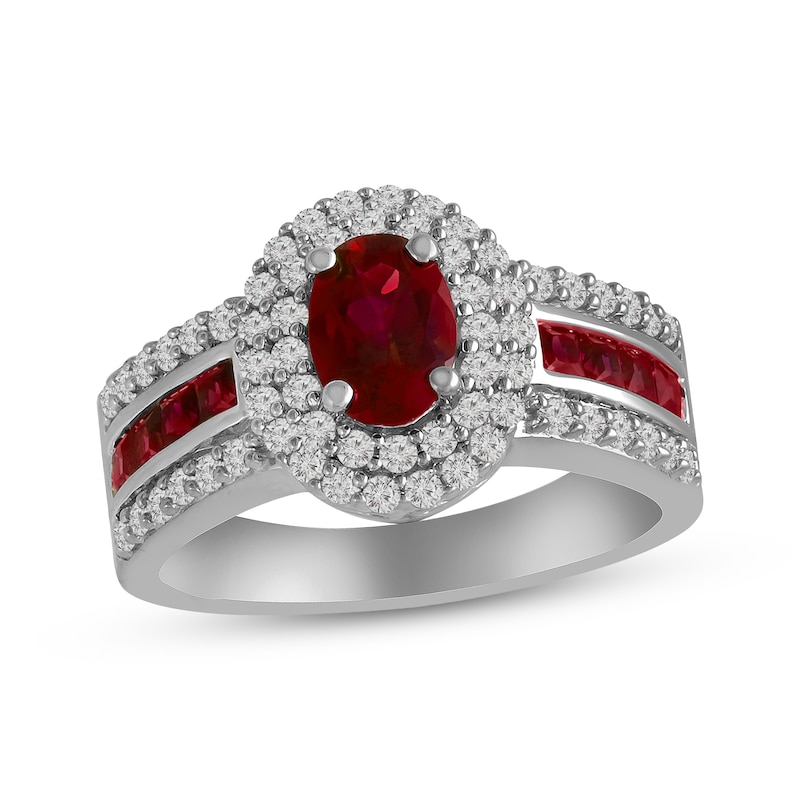 Main Image 1 of Oval-Cut Lab-Created Ruby & White Lab-Created Sapphire Double Halo Ring Sterling Silver