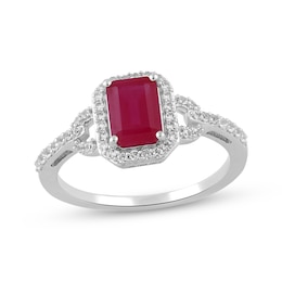 Octagon-Cut Lab-Created Ruby & White Lab-Created Sapphire Halo Ring Sterling Silver