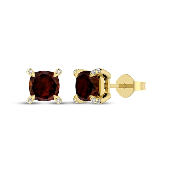 Cushion-Cut Garnet & Diamond Accent Stud Earrings 10K Yellow Gold