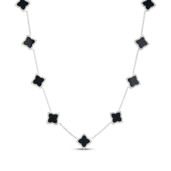 Clover-Shaped Black Onyx & White Lab-Created Sapphire Station Necklace Sterling Silver 18"