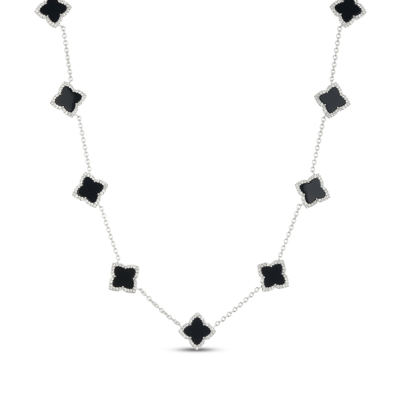 Main Image 1 of Clover-Shaped Black Onyx & White Lab-Created Sapphire Station Necklace Sterling Silver 18"