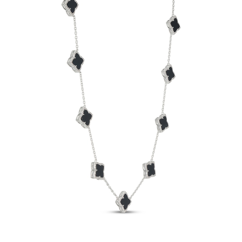 Main Image 2 of Clover-Shaped Black Onyx & White Lab-Created Sapphire Station Necklace Sterling Silver 18"