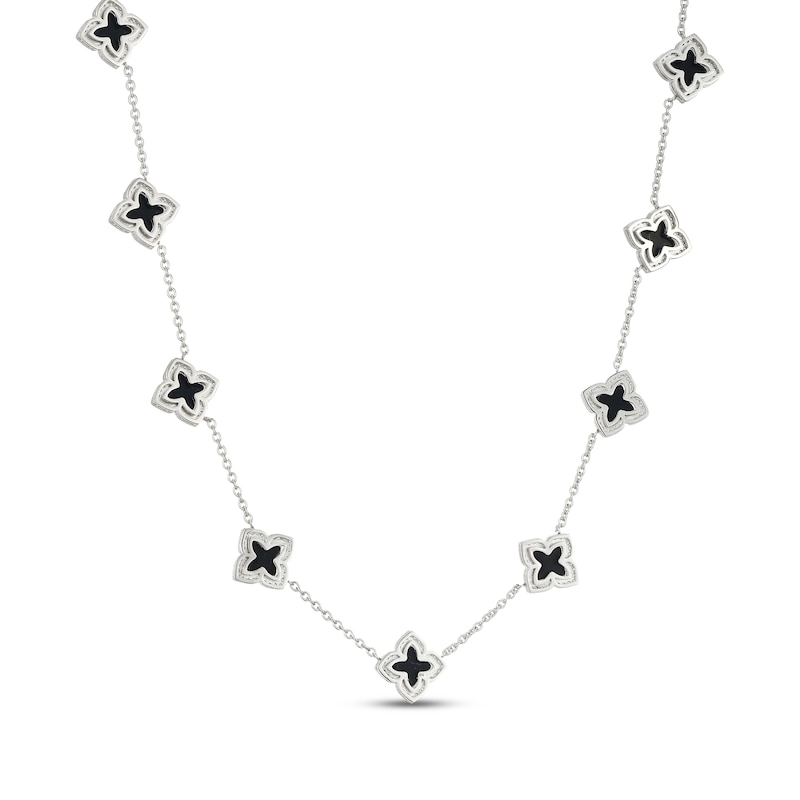 Main Image 3 of Clover-Shaped Black Onyx & White Lab-Created Sapphire Station Necklace Sterling Silver 18"