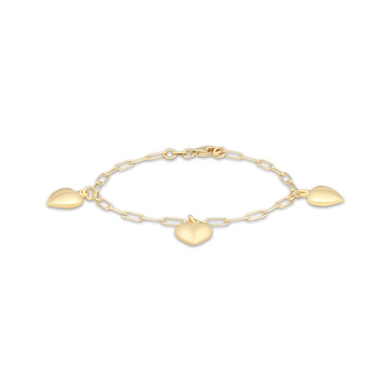 Puff Heart Dangle Station Paperclip Chain Bracelet 24K Yellow Gold Vermeil Sterling Silver 7.5"