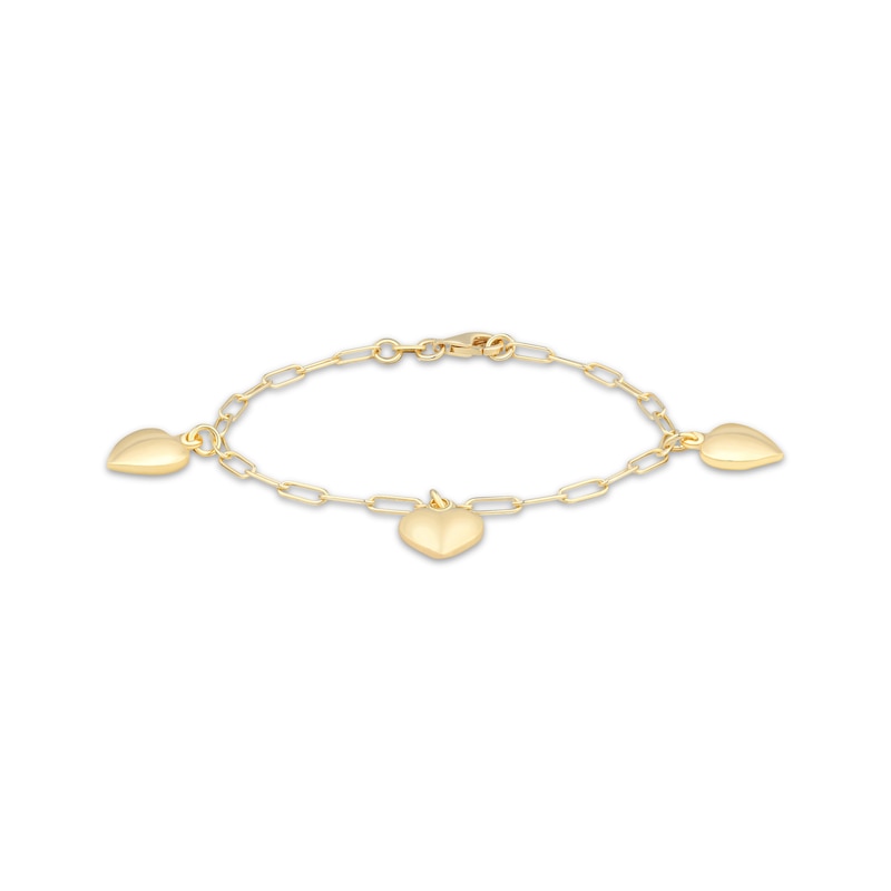Main Image 1 of STUDIO BY KAY Puff Heart Dangle Station Paperclip Chain Bracelet 24K Yellow Gold Vermeil Sterling Silver 7.5"